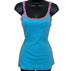 Vintage Blue Ribbed Pink Lace Trim Cami Tank S Y2K Coquette Preppy Layering